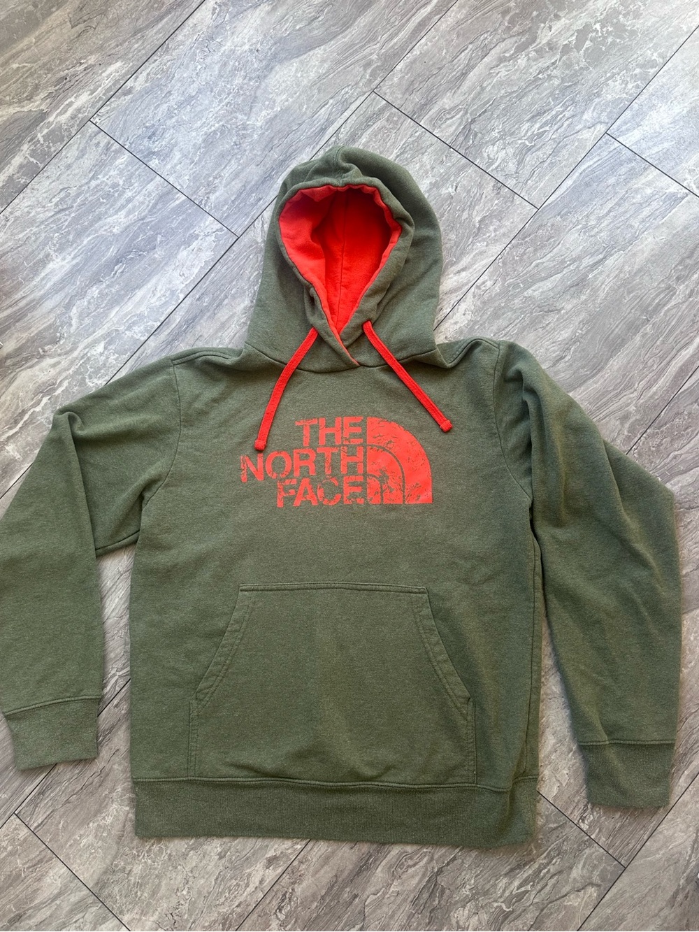The North Face Olive Green Hoodie with Orange Logo